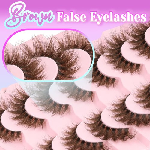 Losha Brown Lashes Volume False Eyelashes Fluffy Cat Eye Lashes 7 Pairs Crisscross Lashes Strips with Clear Band 8-18mm Thick Fake Eyelashes (FC03 Brown)