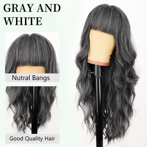 AISI HAIR 【Beginner Friendly Wigs Gray and white Wig with Bangs Long Wavy Synthetic Wig for Women with Daily Party Use