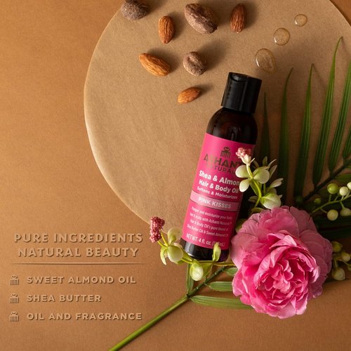 Ashanti Naturals Pure Shea & Sweet Almond Oil - Moisturizing Body Oil for Dry Skin & Hair | Pink Kisses, 4 oz