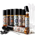 Roller Bottles for Essential Oils Roll On Bottles 8 Pack, 10ml Oil Roller Bottle Amber Thick Glass Empty with Oil Perfume Lip Gloss DIY Kits Boho Stickers Leak-Proof Refillable for Travel, Gift