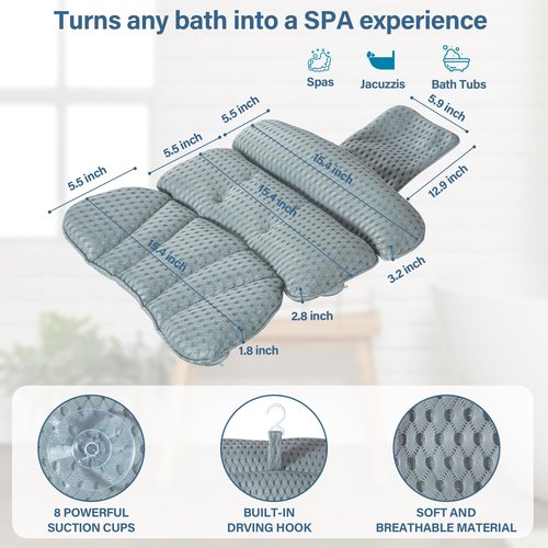 Bath Pillow Bathtub Pillow for Tub Luxury Bath Tub Pillows for Tub Neck and Back Support with 4D Air Mesh Fabric and 8 Strong Powerfull Non-Slip Suction Cups Relaxing Bath Accessories Spa Gifts, Grey