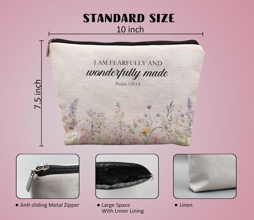 uinwk Inspirational Christian Makeup Cosmetic Bag - Christian Gifts for Women Faith, Fearfully and Wonderfully Made Bible Scripture Gifts Cosmetic Bag for Women, Floral Small Makeup Bag for Purse