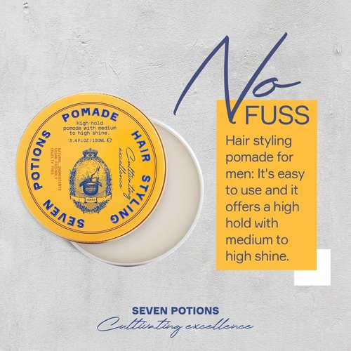 Seven Potions Men’s Hair Pomade - High Shine & Hold | Water-Based, Vegan & Cruelty-Free - 3.4 fl oz / 100ml