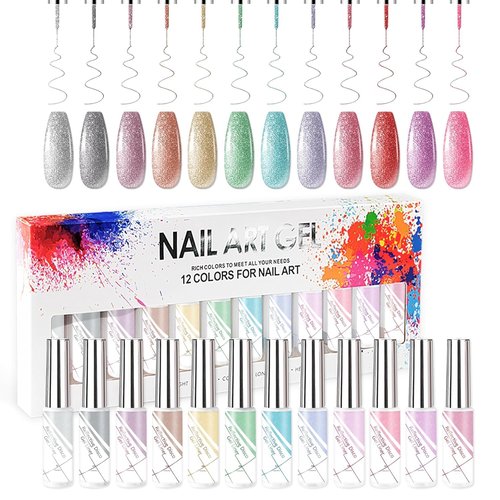 AIJIMEI 12 Colors Glitter Liner Polish Kit GlitterGelLiner Art for DIY ProfessionLiner Art PolishLinerGel Nail GluePolish