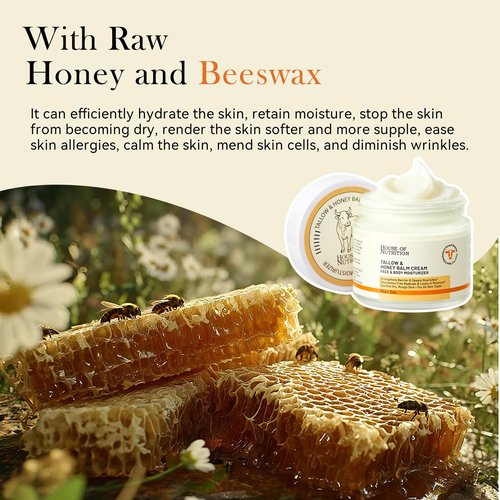 Beef Tallow for Skin, Tallow and Honey Balm, 100% Grass Fed Whipped Moisturizer, Natural Honey & Beeswax Cream, Face and Body Skincare, Deep Hydration for Sensitive Skin, Non-Greasy, 2oz