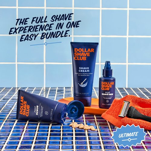 Dollar Shave Club | Ultimate Set | 4 Extra Close Refill Cartridges, 1 Handle, 1 Prep Scrub 3 ounce, 1 Shave Cream 6 ounce, 1 Post Shave Dew 3.4 ounce