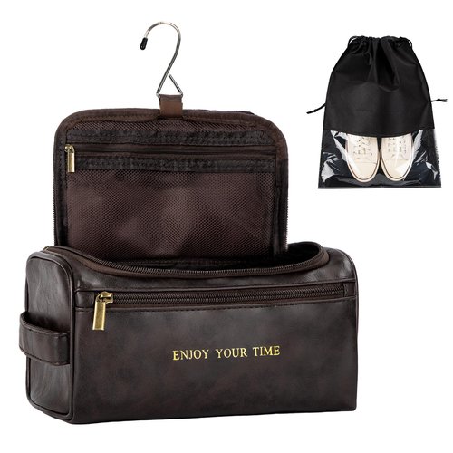 Flycalf Mens Toiletry Travel Bag Customized Mens Leather Toiletries Grooming Bag for Men Shaving Bag Hanging Water Resistant Organizer (Coffee)