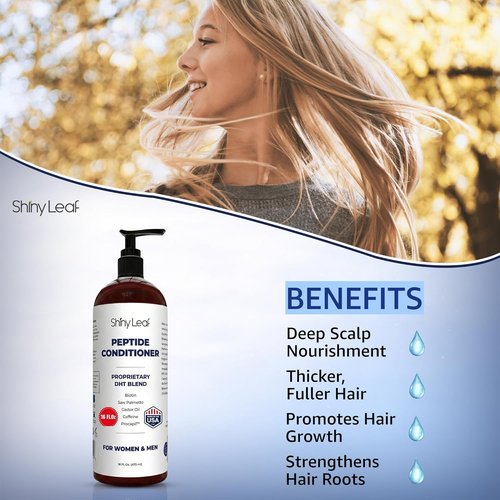 Shiny Leaf Peptide Conditioner - DHT Blocker with Biotin & Caffeine | Sulfate-Free Thickening Formula for All Hair Types, 16 fl oz