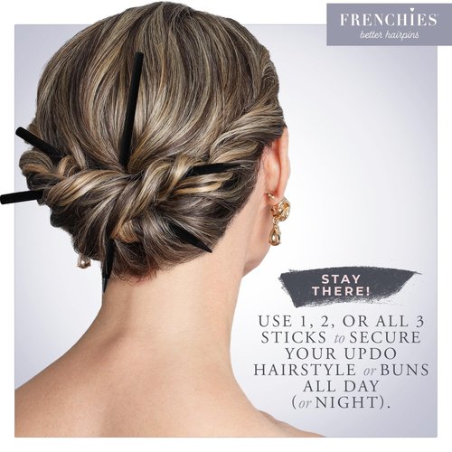 Frenchies French Twist Chinese Hair Sticks, Ultra Flocked Extra Soft Hair Chopsticks for Women, Girls, Teens, Buns, Dancers, Womens Wedding Accessories for Updo Hairstyles, Pack of 3, Black