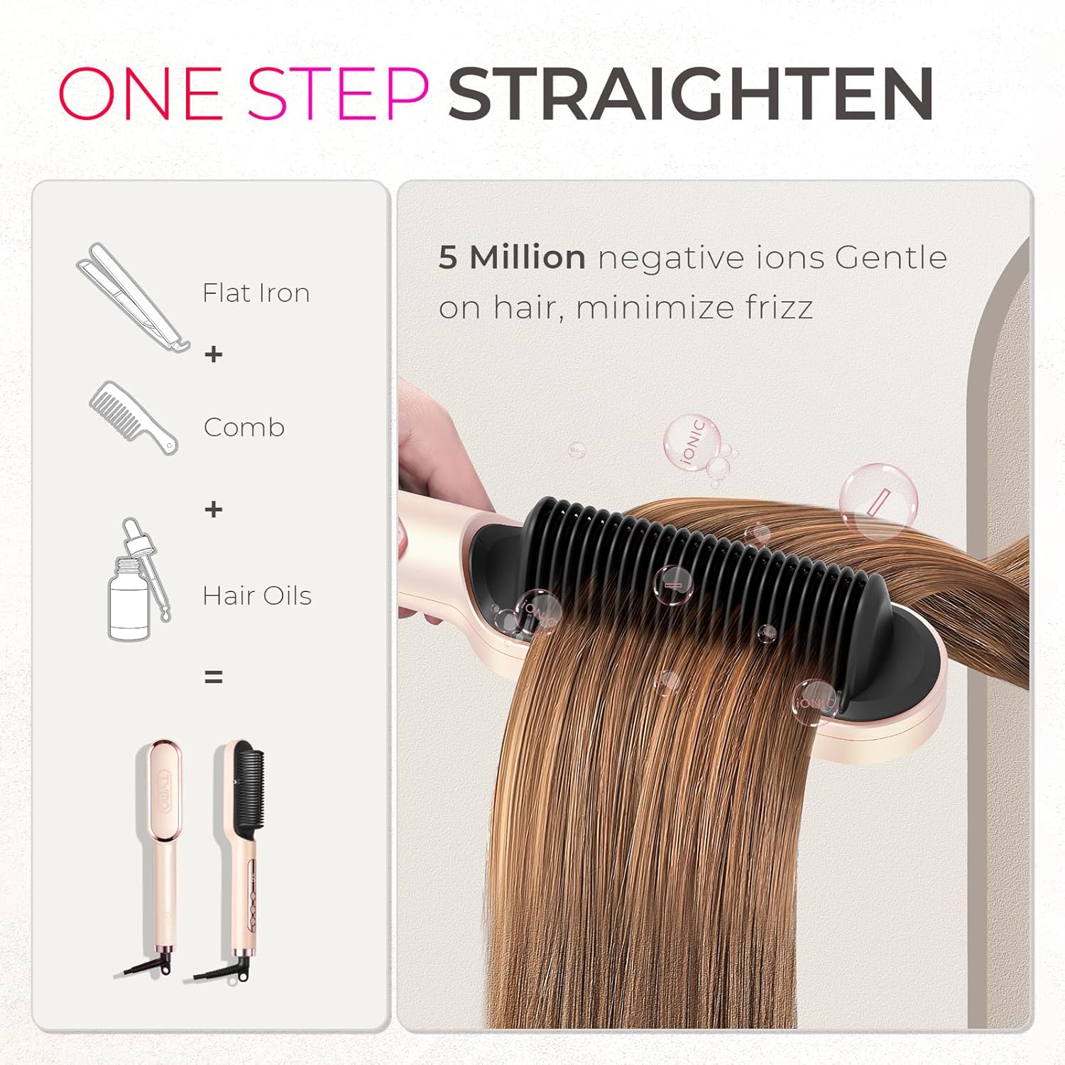 TYMO Ring Plus Ionic Hair Straightener Brush - Professional Titanium Comb with 9 Temp Settings & LED Display, Gold Blush