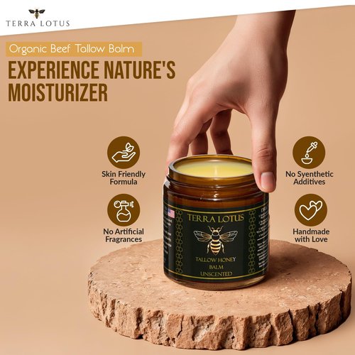 Terra Lotus - Organic Grass-Fed Beef Tallow Balm with Raw Honey - Moisturizing Cream for Soft, Smooth Skin - Handmade All-Natural Moisturizer (4oz, Unscented)