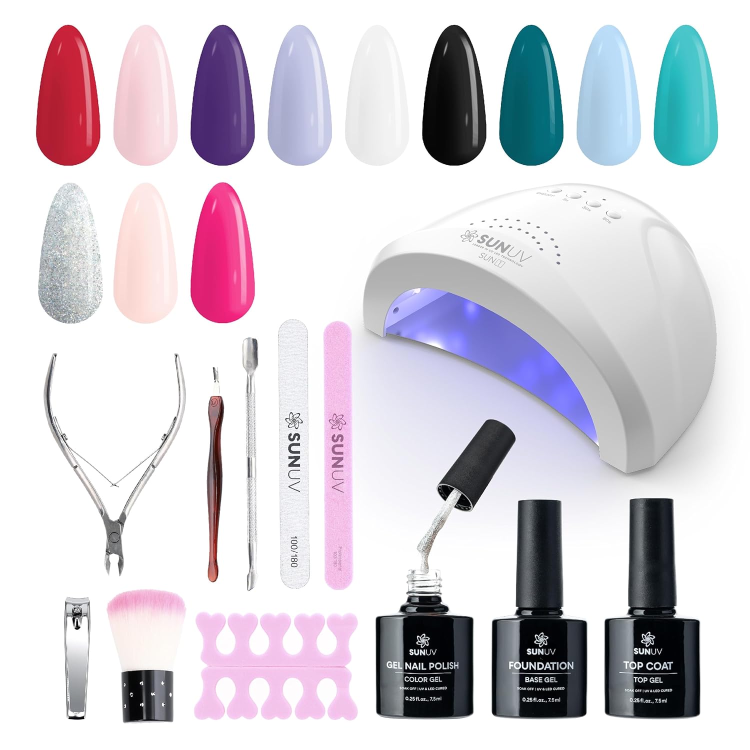 SUNUV Gel Nail Polish Kit - 23 Pcs with UV Light | 12 Vibrant Colors, Base & Top Coat, Perfect Home Salon Gift for Women & Teens