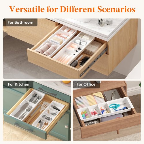 Lifewit Sliding Makeup Drawer Organizer, Fits 13-20" Deep Drawers, Extendable Hanging Divider, 1.8" High Plastic Tray for Vanity, Office, Kitchen, White,1Pcs