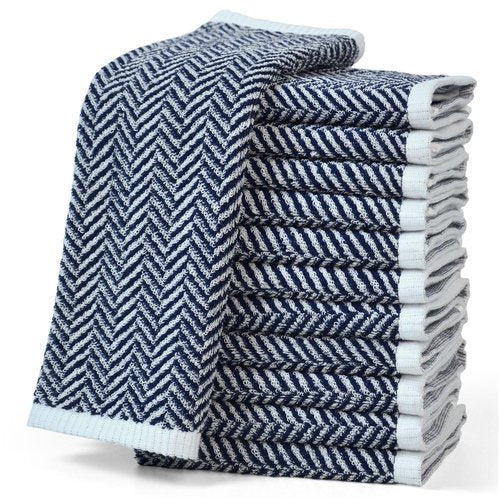 Cleanbear Wash Cloths for Showering with Striped Herringbone Patterns, 12 Cotton Washcloths for Bathroom, Large 13 X 13 Inches, Navy-Blue
