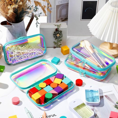 Hoolerry Clear Zipper Makeup Bags - 4 Pcs Transparent Storage Pouches for Cosmetics & Snacks | 7.5 x 3.9 x 2 in, Blue Laser