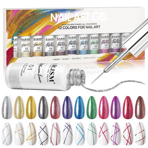 RARJSM Painted Gel Nail Polish Set, Nail Art Metallic Liner Painting Polish Set U V L E D 12 Colors Platinum Liner Gel Champagne Glitter Silver Rosa Gold Green Blue Purple Paint for Nail Art Design