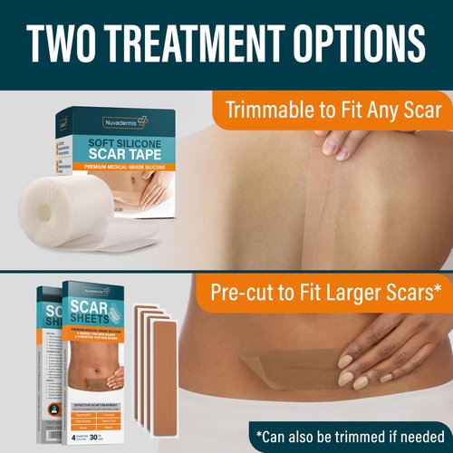 NUVADERMIS Silicone Scar Sheets – Extra Long Medical-Grade Scar Sheets for C-Section, Tummy Tuck, Keloid, and Surgical Scars – Reusable and Effective – Pack of 4 – Medium Tone