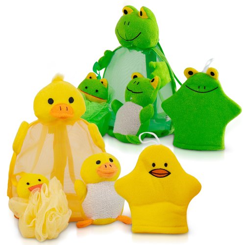 Ducky Scrub 'N Soak Baby Loofah for Bathing Set for Kids Body Scrubber Cute Cartoon Kids Loofah Bath Scrubber for Children Shower Washing Exfoliating, Baby Bath Sponge Yellow Duck Included