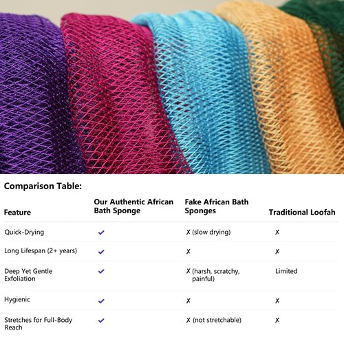 African Exfoliating Net Sponge 2 Pieces – Authentic Double-Knotted Mesh, Quick-Drying Bath Scrubber for Deep Cleansing, 45 inches Stretch Back Scrubber for Shower Women & Men (Seafoam+Lavender Pink)