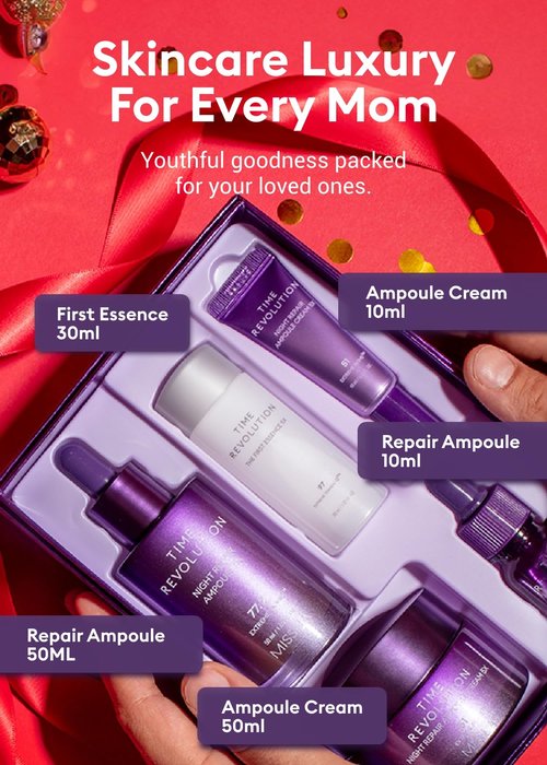 MISSHA Time Revolution Night Repair 5X Gift Set Night Repair Ampoule and Cream 5X, The First Essence 5X for Youthful, Glass Skin, Korean Skin Care valentines day gifts for her