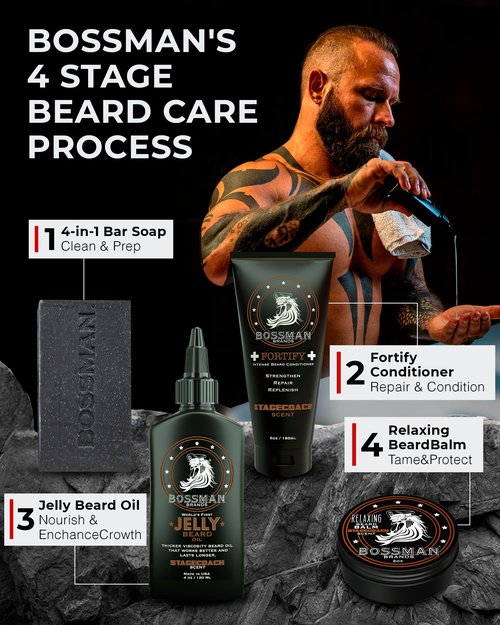 Bossman Big Boss Beard Care Kit for Men - 7 Piece Beard Grooming Kit with Jelly Beard Oil, Beard Conditioner, Beard Balm, MUDstache Wax, Bar Soap, Metal Comb, Brush - Gift Set for Men (Magic)