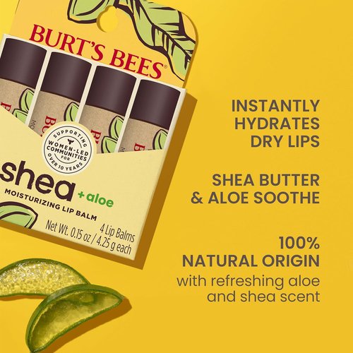 Burt's Bees Lip Balm - Shea & Aloe Moisturizer with Natural Beeswax | 4 Tubes, 0.15 oz Each