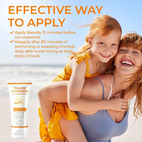Beef Tallow Sunscreen SPF 50 with Mineral : Instant Sun Protection Non Nano Zinc Oxide Sunblock- Non Greasy Formula- Beach Jogging Outdoor Sports - 3 Fl oz, 85g