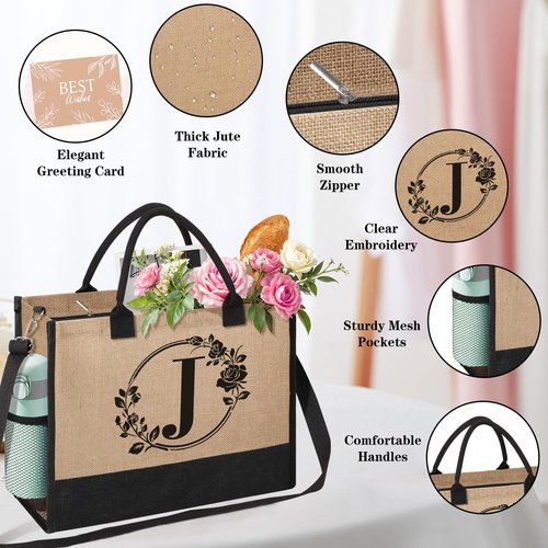 Personalized Gifts for Women, Initial Jute Tote Bag Beach Bag Makeup Bag, Monogrammed Birthday Gifts Tote Bag for Mom Women Her