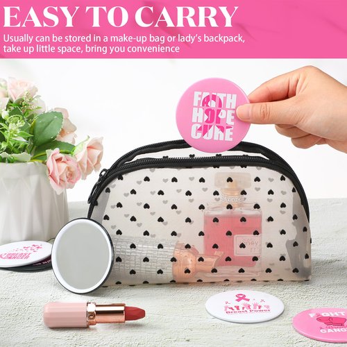 Soaoo 60 Pcs Breast Cancer Awareness Gifts for Women Pink Ribbon Pocket Mirror Bulk Round Portable Compact Mirror 2.68 Inch Makeup Mini Mirror Breast Cancer Awareness Accessories for Women