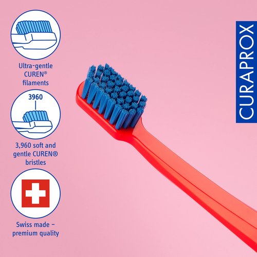 Curaprox CS 3960 Super Soft Toothbrush – Adult Oral Care | Gentle Cleaning with Super Soft 0.12 mm Bristles | Single Pack, Red/Blue