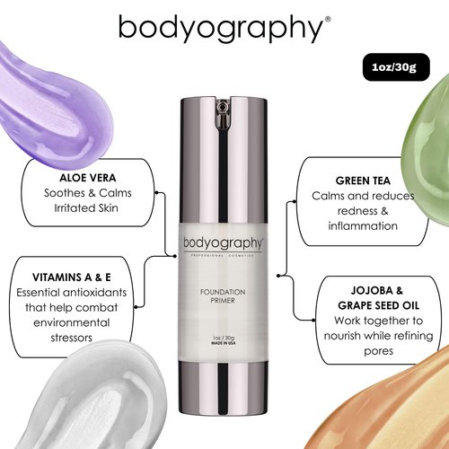 BODYOGRAPHY - Foundation Primer (Clear): Flawless Anti-Aging Salon Makeup Primer w/Vitamin E, A, Jojoba, Grapeseed Oil | Control Shine | Gluten-Free, Cruelty-Free, 1 oz.