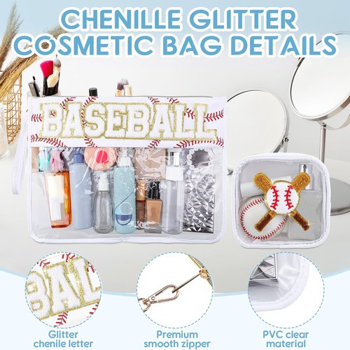 Hillban 2 Pcs Baseball Gifts Snack Bags Makeup Cosmetic Bag Clear Chenille Letter Zipper Pouch Toiletry Purse Baseball Accessories Stuff Sport Portable Travel Cases for Mom Women Girl Team