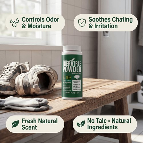 TheraTree Foot, Body and Shoe Powder with Tea Tree for Odor and Moisture Control with Organic and Natural Ingredients - Fresh Scent 4 oz