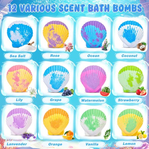 Toylink Ocean Bath Bombs for Kids with Toys Inside, 12 Pack Kids Shell Bath Bombs with Surprise Sea Animal Toys for Boys Girls Handmade Bubble Bath Fizzies Birthday Christmas Gift Set