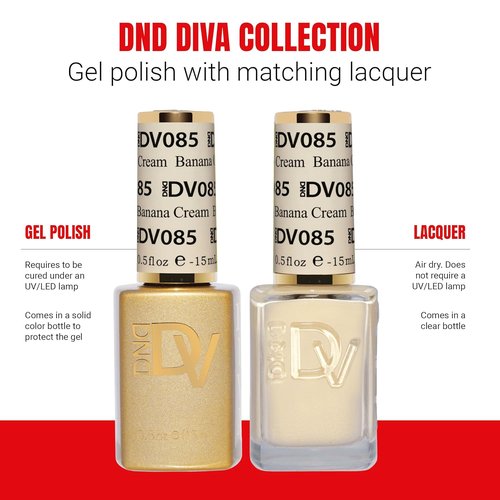 DND Gel Polish Set - Coquette Collection | UV/LED Gel & Air Dry Nail Lacquer Duo, 085 Banana Cream, 0.5 Fl Oz