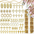 3D Cross Nail Charms,Gold Flat Back Nail Pearls Beads for Crafting,Cute Nail Charms Y2k Rhinestones Jewelry for Nail Art Flower Virgin Mary Religious Charms Gems Bulk Nail Chains (Gold)
