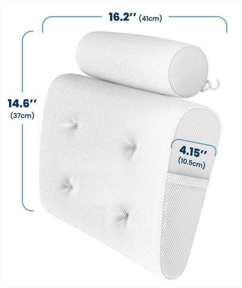 Everlasting Comfort Luxury Bath Pillows for Tub with Head and Neck Support - Non-Slip Bathtub Pillow with Suction Cups, Quick-Drying Mesh & Drying Hook - Jacuzzi & Spa Accessories for Women - White