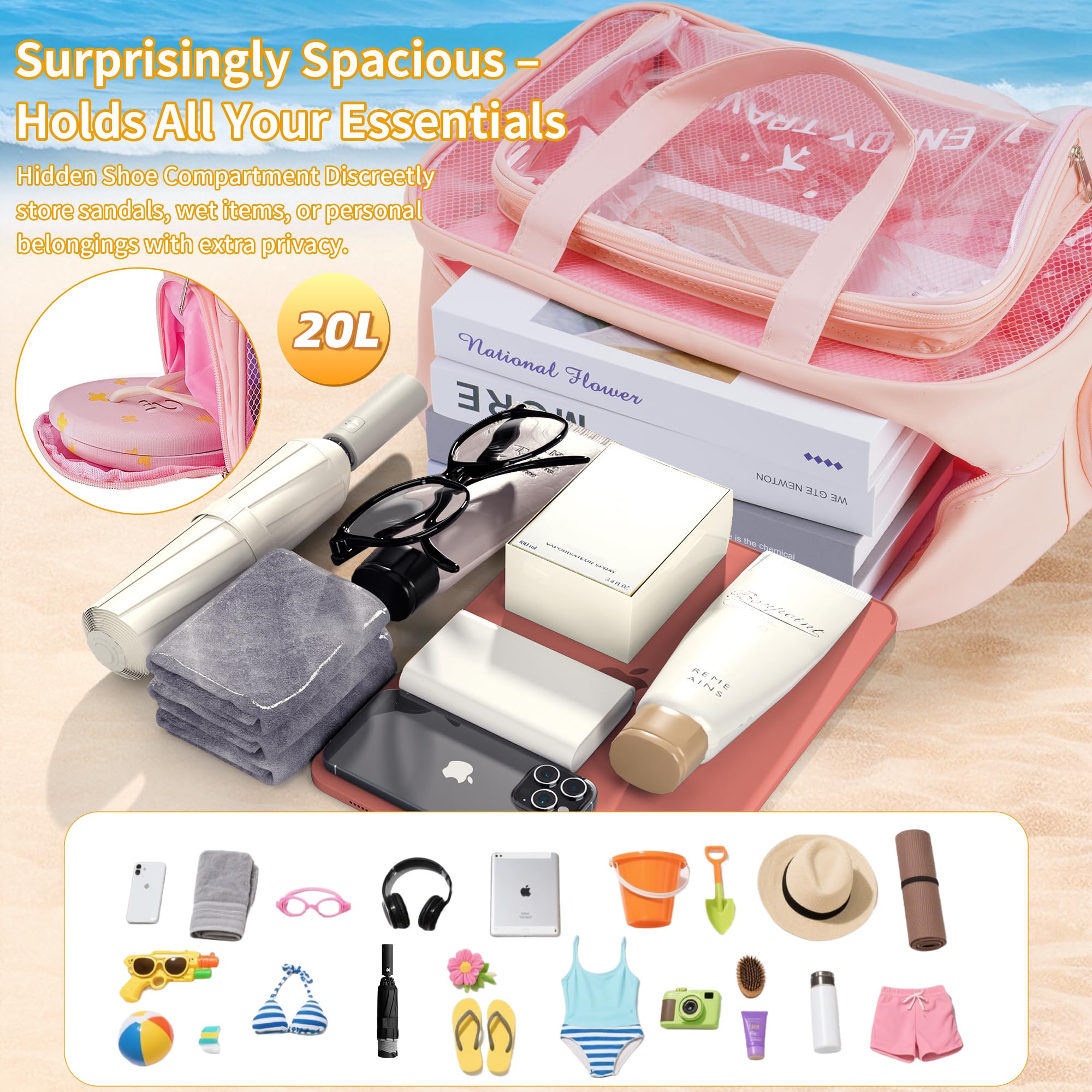 ZTLGE Waterproof Toiletry Bag – Large Capacity Clear PVC Beach Tote Bag, Portable Unisex Travel Makeup Organizer for Swimming, Gym, and Vacation (PINK)