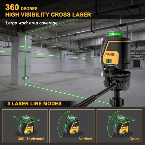 PREXISO 360 Laser Level with Tripod - Rechargeable Green Laser, 100Ft Range, 3 Brightness Settings for Precision Construction