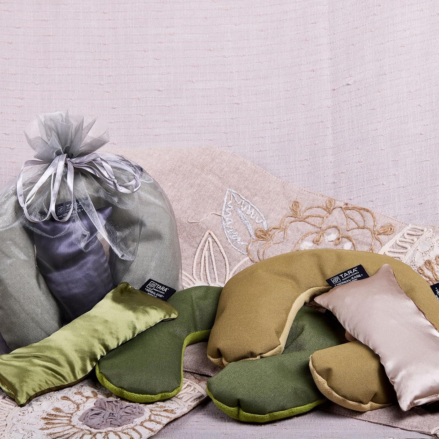 TARA Spa Therapy Aromatherapy Pillow Gift Set - Herbal-Ease Neck & Silk Eye Pillow in Green Olive
