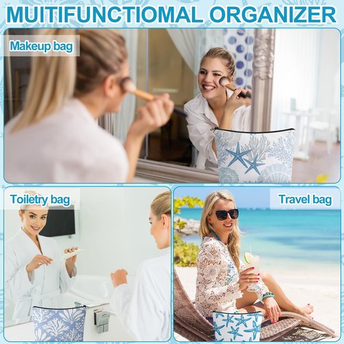 Sunnymove 4 Pack Coastal Cosmetic Bags Beach Themed Gifts Starfish Seashell Conch Coral Makeup Pouches Zippered Travel Toiletry Bags for Women Beach Summer Trip Organizer Set(Fresh)