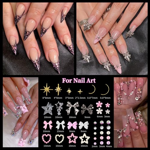 EARLMONI 12000PCS Flat Back Rhinestone Kits Pink Rhinestones Silver Face Gems Gold Nail Charms Flatback Pearls + Rhinestone Picker Tool 3D Shapes Nails Jewels for Bedazzling Face Makeup and Nail Art