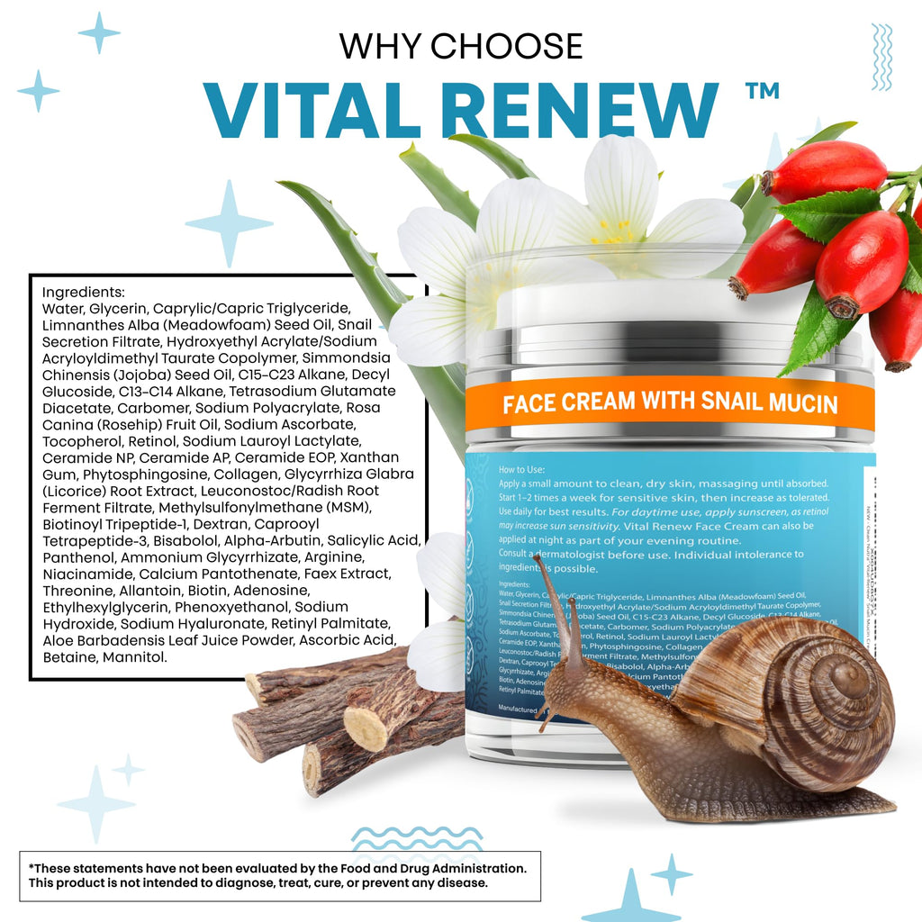 Vital Renew Snail Mucin Collagen Face Cream Daily Moisturizer Retinol Anti Aging Face Cream Niacinamide Peptides Hyaluronic Acid Vitamin C MSM Tripeptides Ceramides Licorice Arginine Aloe Vera