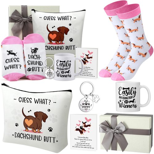 Jingmore 6 Pcs Dachshund Gift Set for Women Weiner Dog Makeup Bag Novelty Crew Socks 11oz Coffee Mug Dachshund Lover Basket Gift Set for Mom Daughter Mother's Day Birthday New Puppy Owners