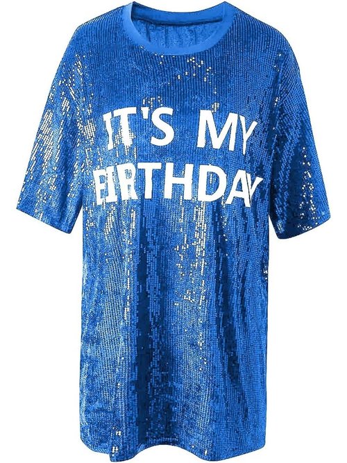 KIRJAUDU Women Sequin Glitter Letter Print 3/4 Sleeve Round Neck Party Club Mini T Shirt Dress Blue M