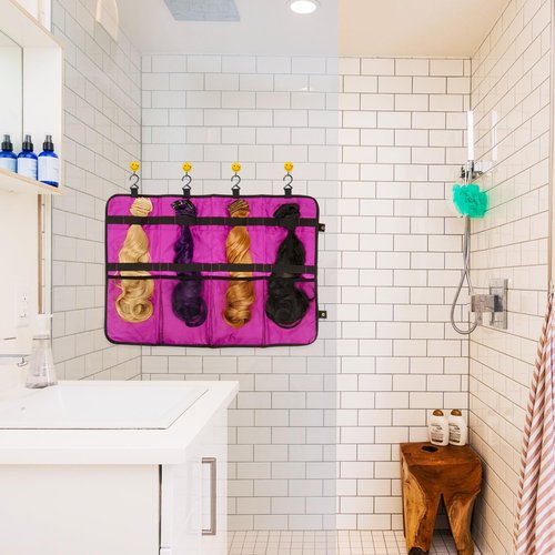 Linkidea Hair Extension Hanger with Storage Bag, Portable Travel Hair Holder, 27.1-inch Large Capacity Bundles Bag with 4 Hooks Store Up 4 Full Hair (Purple)