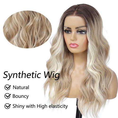 LuxeMelan Ash Blonde Balayage Blonde Lace Front Wig, Middle Part 20 Inch HD Lace Wig, Dark Brown to Golden Blonde Highlight M Hairline Natural Fit Natural Wavy Ombre Synthetic Heat Resistant Fiber