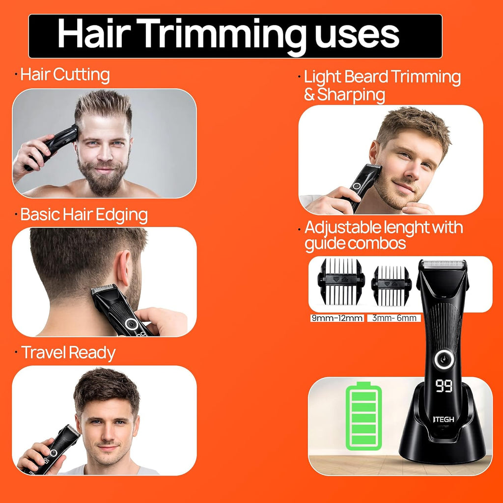 TEGH Men’s Beard & Hair Grooming Trimmer - Cordless, Waterproof, Rechargeable with Adjustable Guards