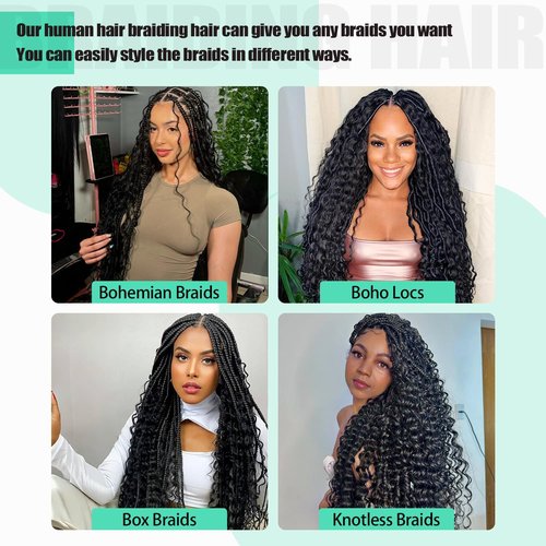 MUXFILLA 18 Inch Human Boho Braiding Hair, Deep Wave Bulk Hair Extension 100g Knotless No Weft 100% Virgin Hair 3 Bundles/Pack, Natural Black