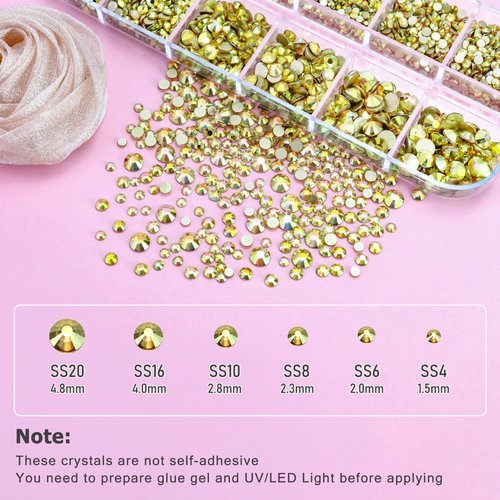 Briskbloom 4080PCS Nail Art Rhinestones Kit Gold Flatback Crystal Gemstones for Manicure Crafts Shoes Clothes Decoration, 1.5-4.8MM 6 Sizes SS4-SS20 with Wax Pen and Tweezers, Metal Sunlight